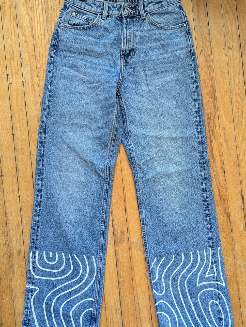Upcycled Zara Straight Jeans with White Graphic Hem